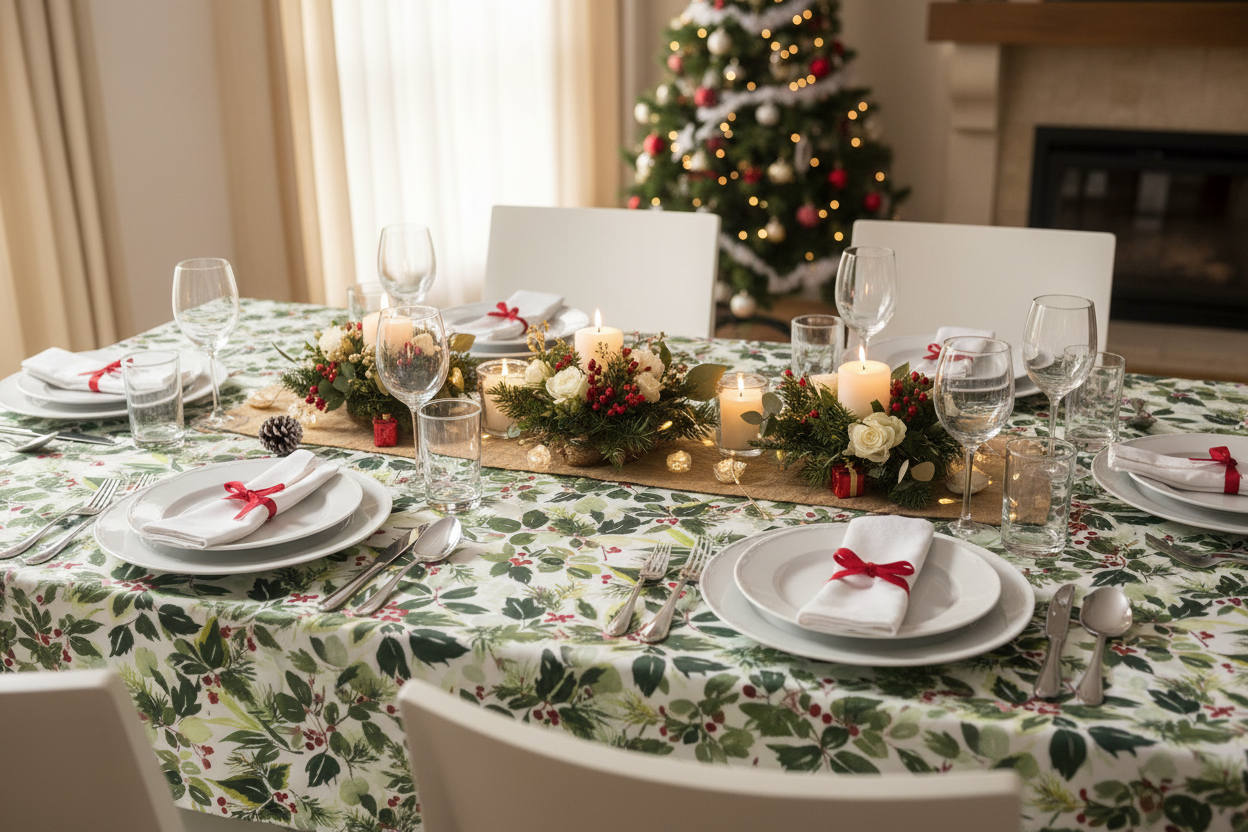 Toalha de Mesa de Natal com Folhas e Bagas